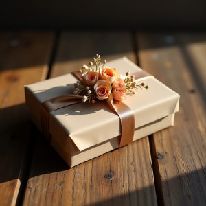 hop qua handmade trang tri hoa kho va day ruy bang tren ban go
